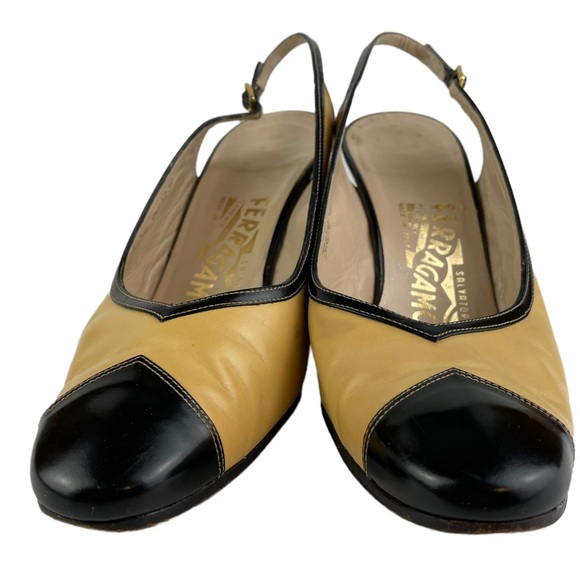 Vintage Salvatore Ferragamo Sling-back Black Tan Career Heels 8B Made In Italy - Picture 3 of 15